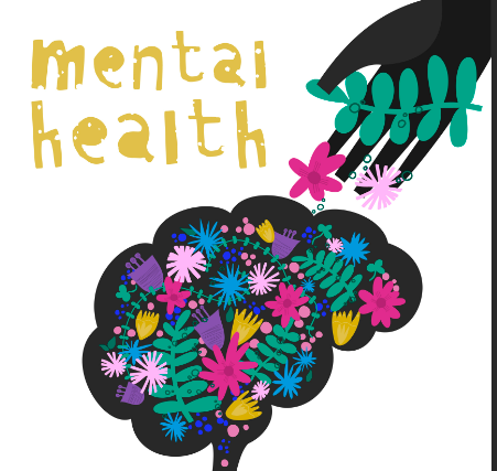 brain outline with flowers and a hand